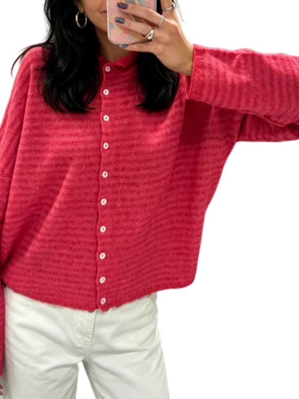 Casual Watermelon Red Knitted Cardigan for Women